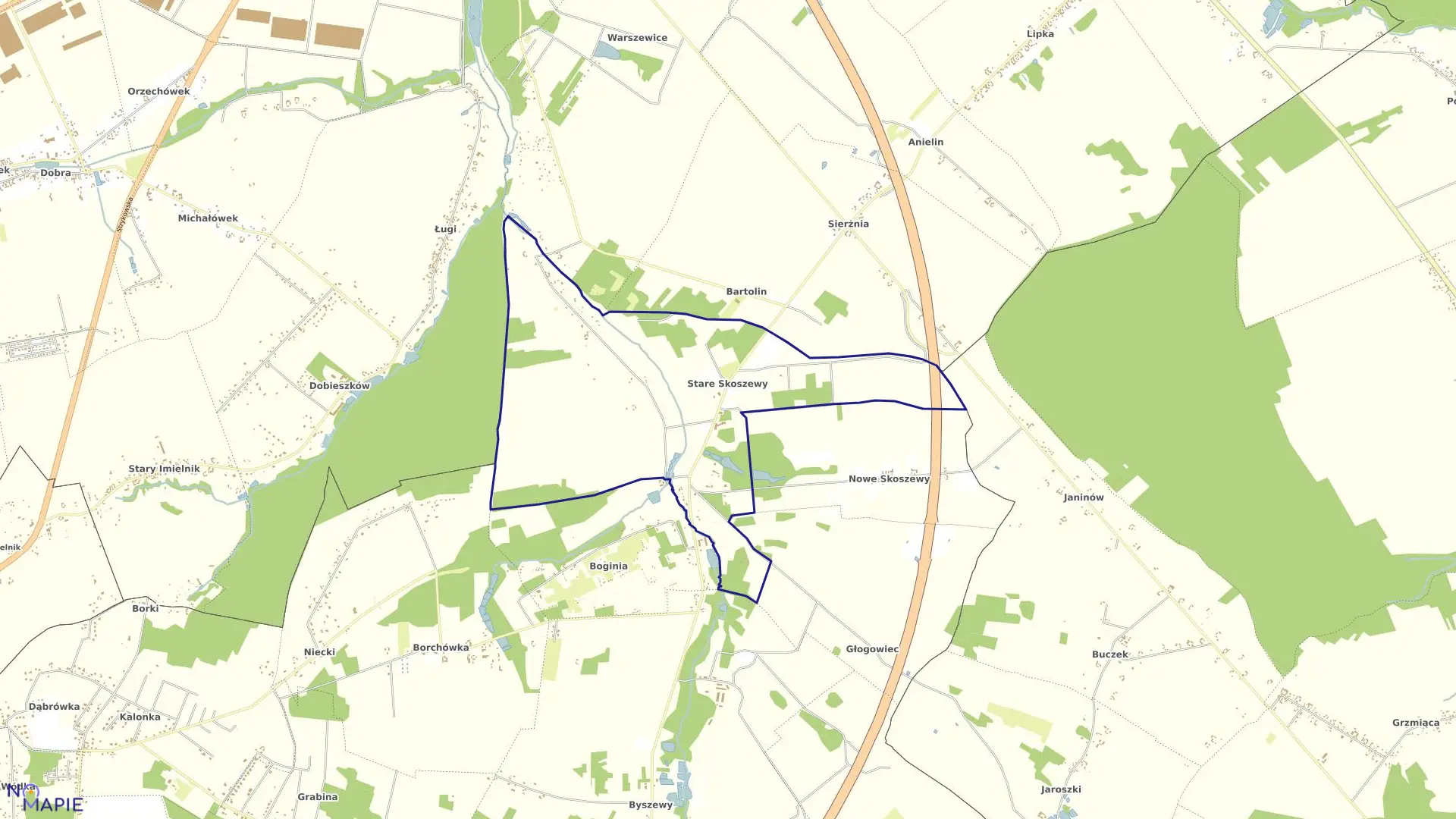 Mapa obrębu STARE SKOSZEWY w gminie Nowosolna